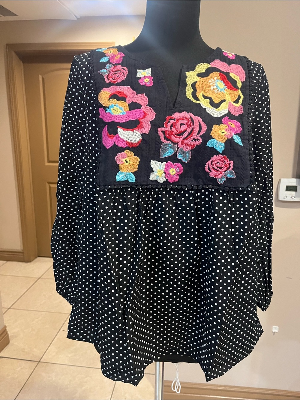 Black Polka Dot Blouse with Colorful Floral Embroidery